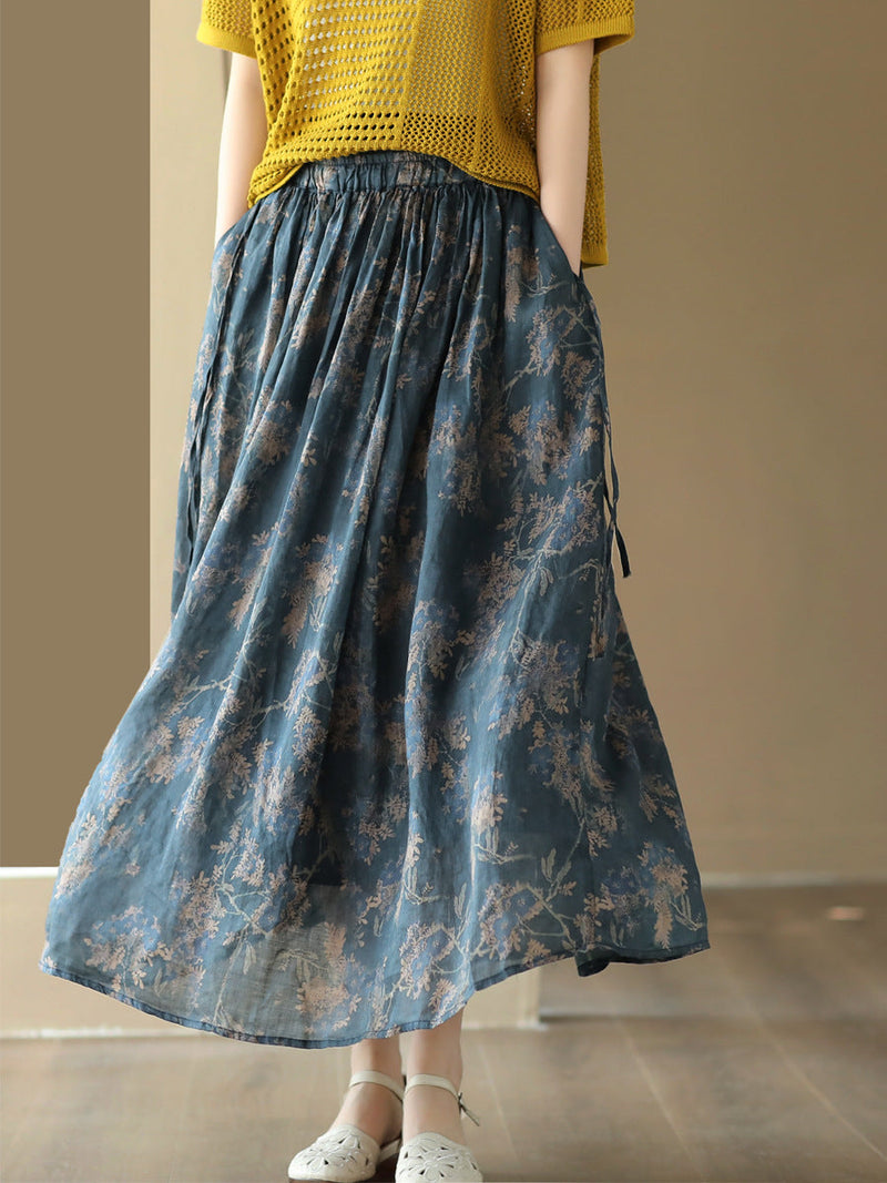 Summer Artsy Drawstring Loose Ramie Skirt