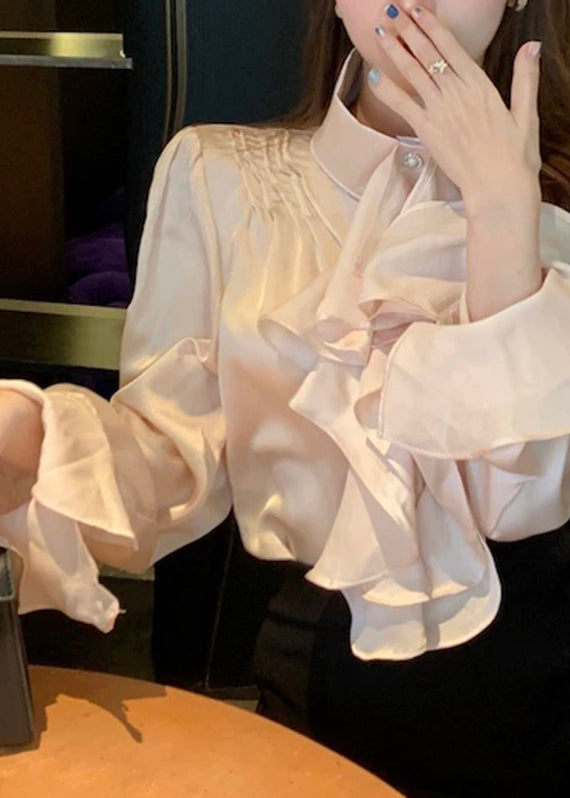 Stylish Apricot Peter Pan Collar Ruffled Chiffon Shirts Spring