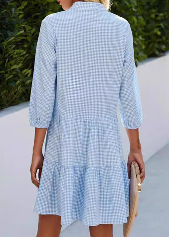 Blue V Neck Plaid Button Cotton Mid Dress Summer