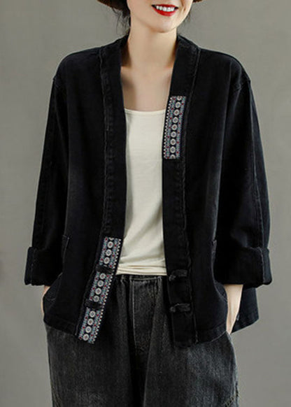 Black Embroidered Pockets Button Patchwork Fall Denim Coat