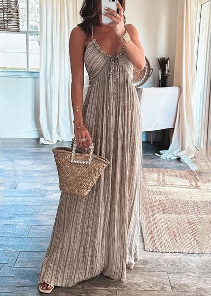 Light Grey Ruffled Lace Up Cotton Spaghetti Strap Dress Sleeveless