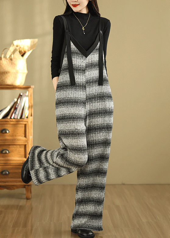 Grey Oversized Striped Cotton Overalls Jumpsuit Summer