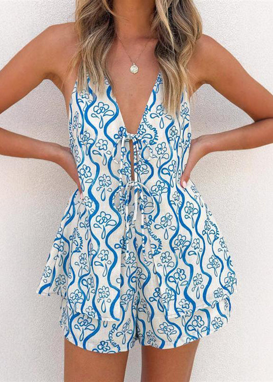 Blue V Neck Tie Lace Top and Shorts Two Pieces Set Summer