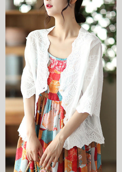 Modern White V Neck Embroidered Cotton Cardigan Short Sleeve