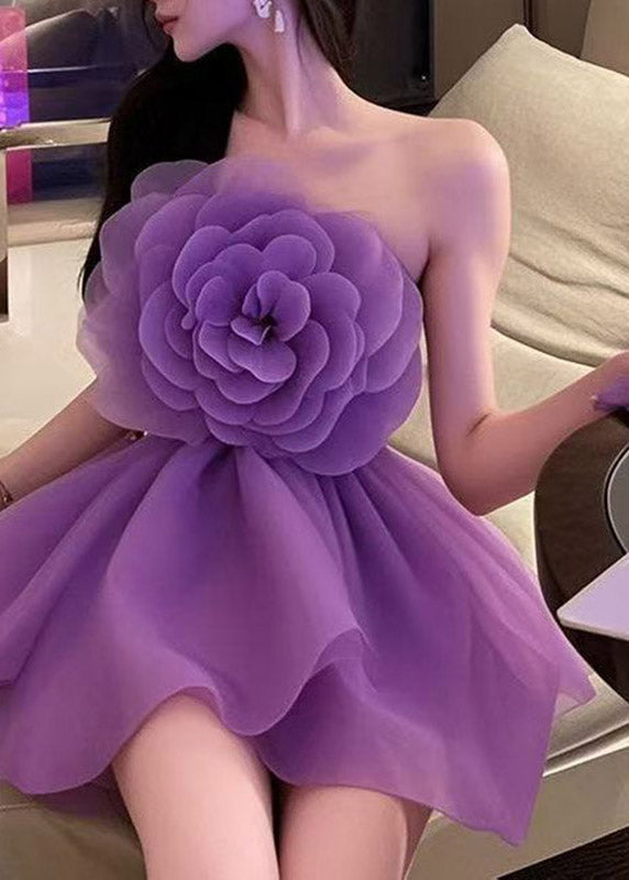 Purple Cold Shoulder Tulle Mid Dresses Summer