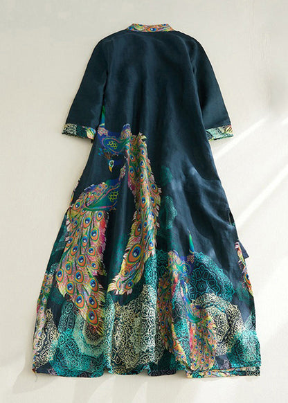 Blackish Green Stand Collar Print Side Open Long Dresses Short Sleeve