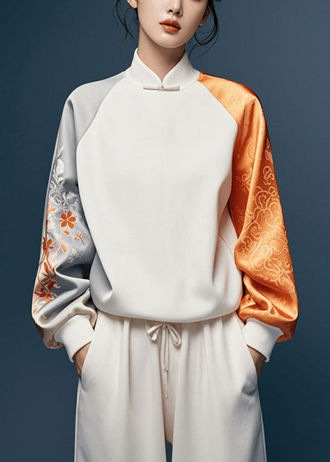 White Asymmetrical Patchwork Silk Oriental Tops Spring