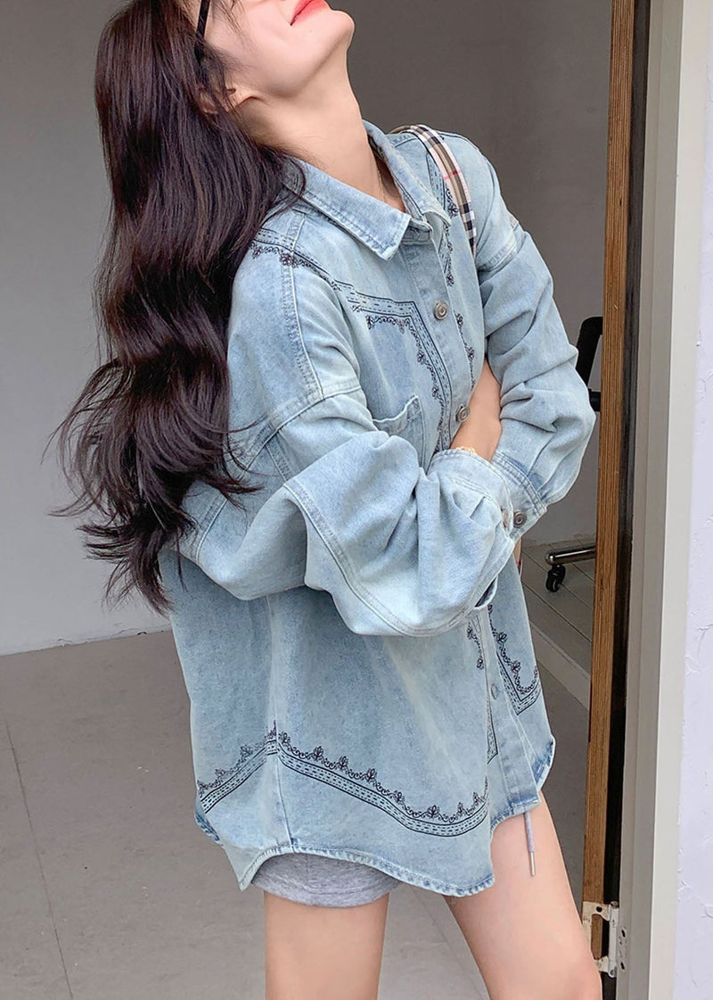 Blue Peter Pan Collar Patchwork Button Denim Shirt Fall