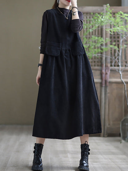 - Corduroy Pocket Sleeveless Pinafore Dress
