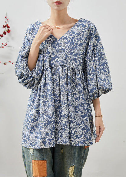 Blue Oversized Print Cotton Shirts Summer
