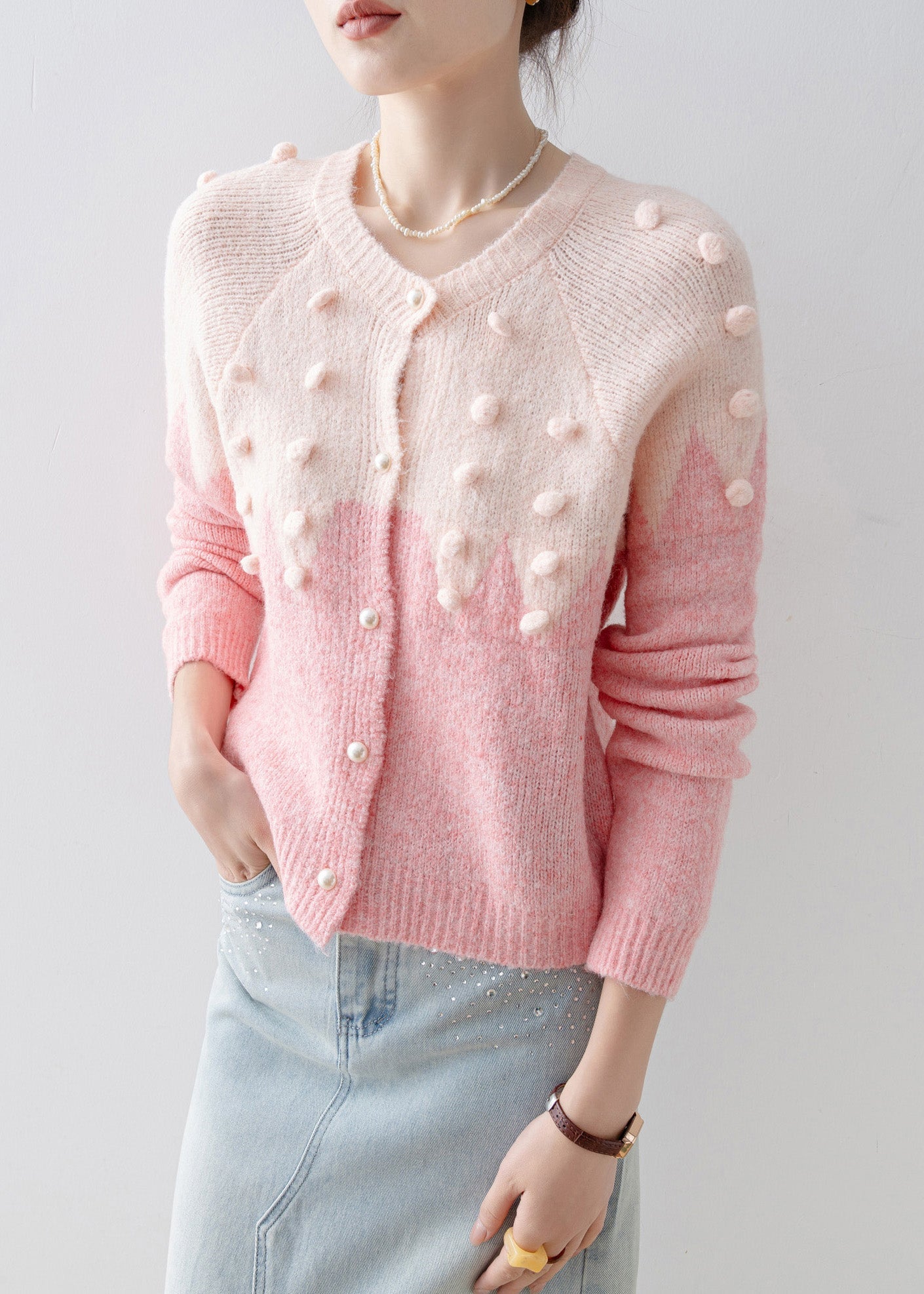 Pink O Neck Fuzzy Ball Decorated Knit Cardigans Spring