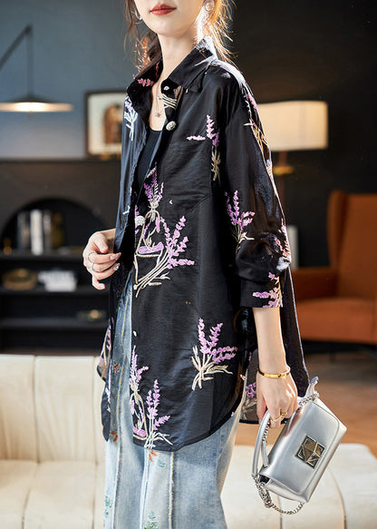 Black Peter Pan Collar Embroidered Silk Shirt Top Long Sleeve