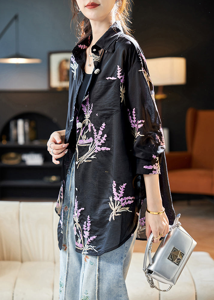 Black Peter Pan Collar Embroidered Silk Shirt Top Long Sleeve