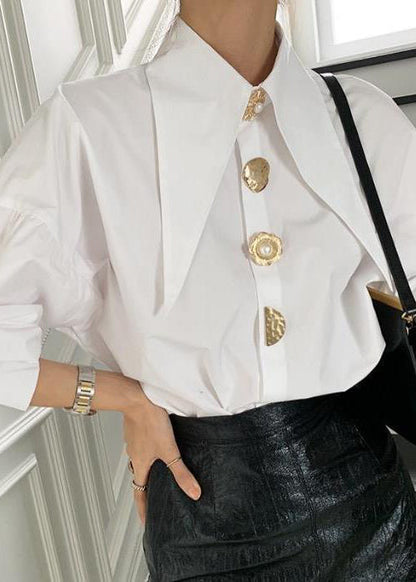 French White Peter Pan Collar Button Cotton Shirt Top Lantern Sleeve