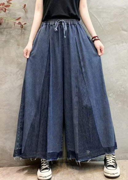 Navy Oversized Wrinkled Denim Wide Leg Pants Summer