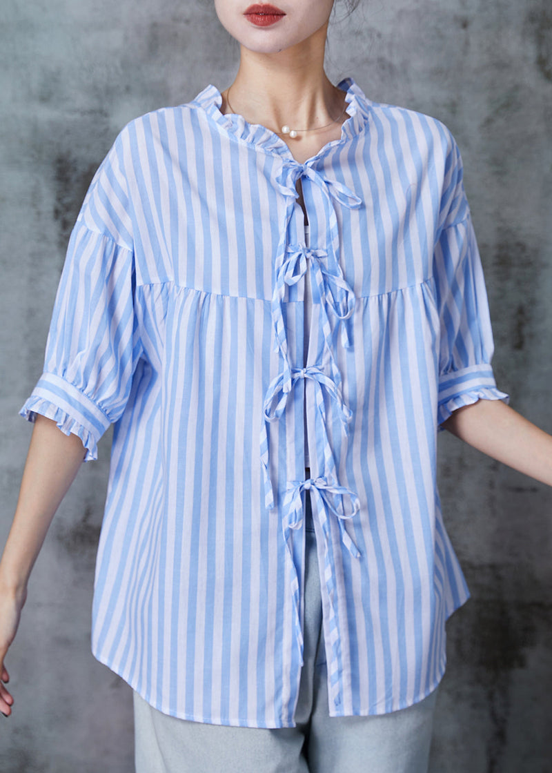 Blue Ruffled Striped Cotton Shirt Tops Half Sleeve