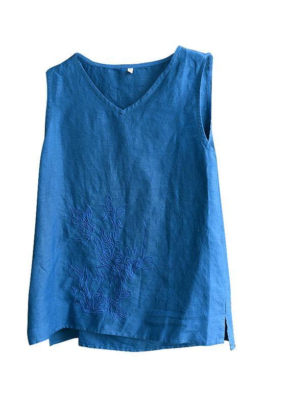 Blue Embroidered Sleeveless Linen Shirt Tops Summer