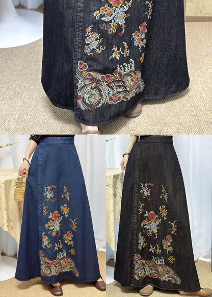 Blue Embroidered Denim a Line Skirt Summer