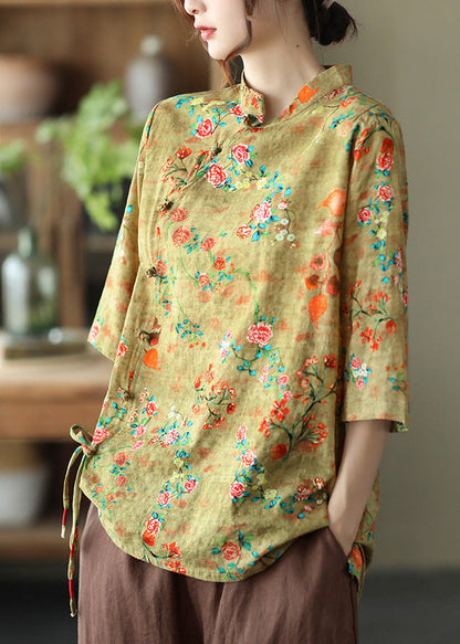 Yellow Print Tie Waist Shirts Half Sleeve