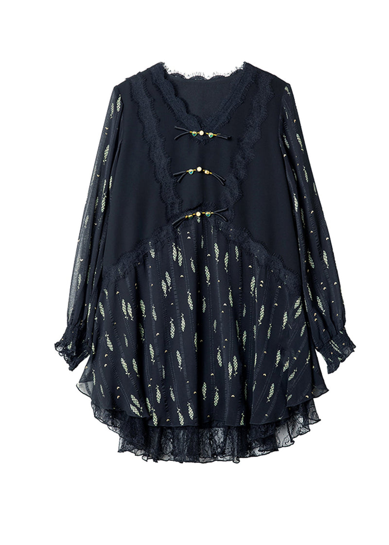 Stylish Black V Neck Lace Print Patchwork Chiffon Dress Spring