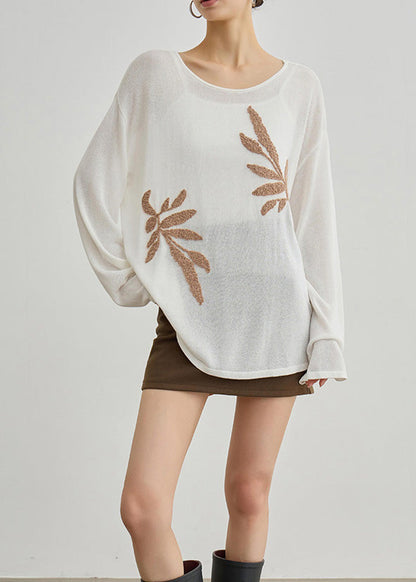 Boutique White O Neck Embroidered Knit Blouses Fall