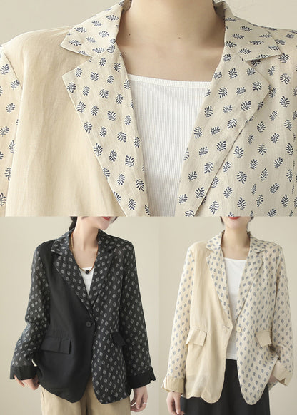 Beige Peter Pan Collar Print Ramie Coats Long Sleeve
