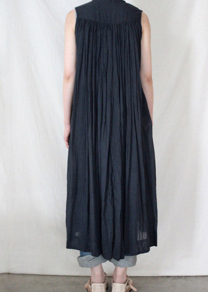 Loose Dark Blue O-neck Wrinkled Button Maxi Shirt Dresses Sleeveless