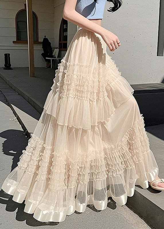 Apricot Ruffled Elastic Waist Tulle Maxi Skirts Summer