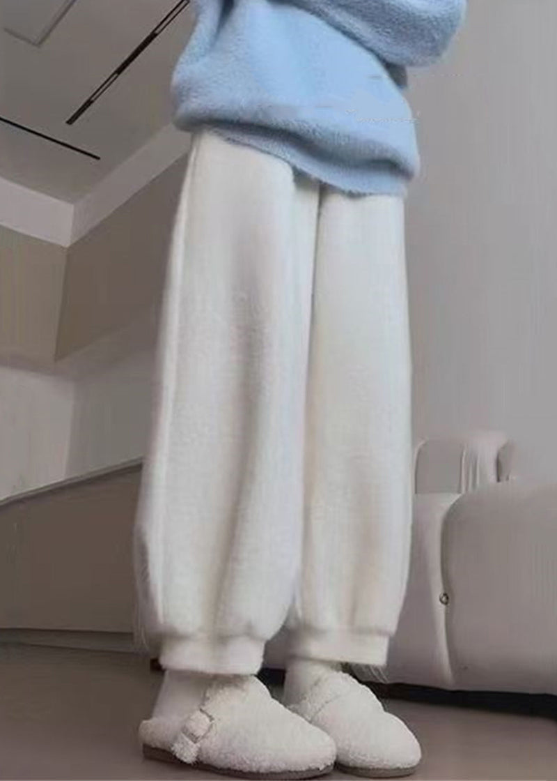 Simple White Pockets Mink Hair Knitted Lantern Crop Pants Winter
