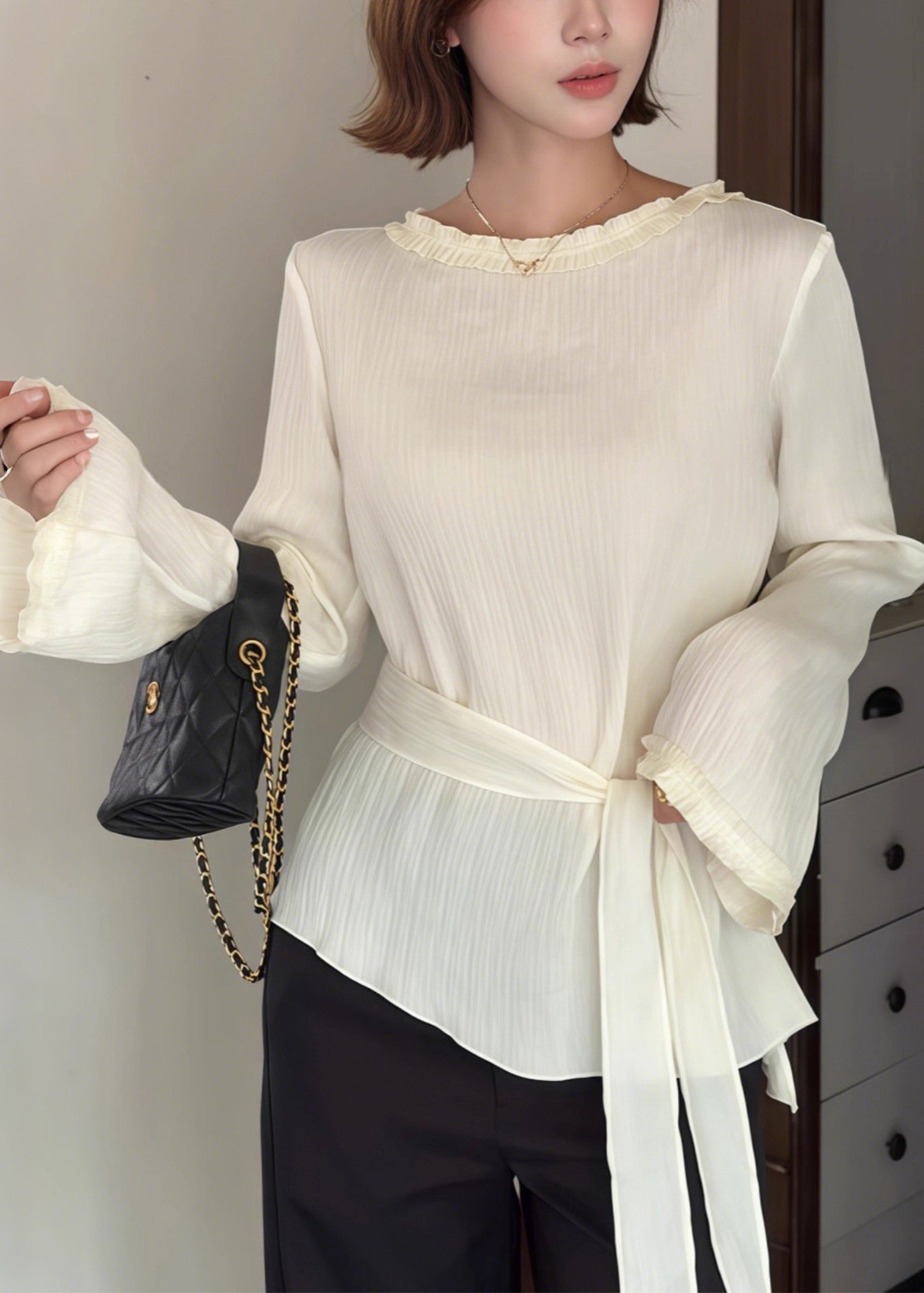 White Asymmetrical Tie Waist Cotton Tops Spring