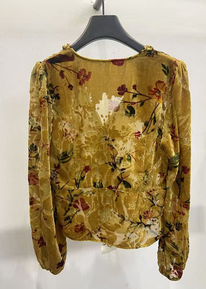 Yellow V Neck Ruffled Button Silk Velour Shirt Fall