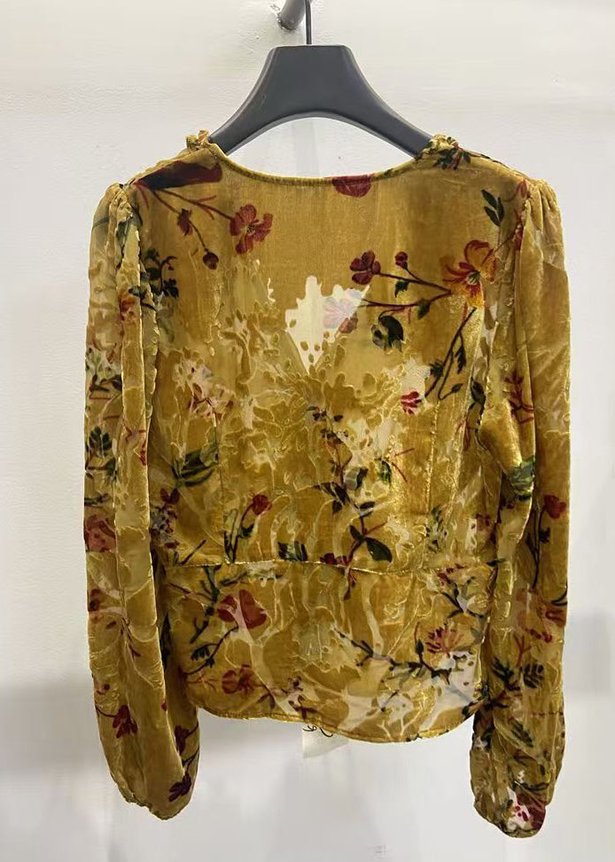 Yellow V Neck Ruffled Button Silk Velour Shirt Fall