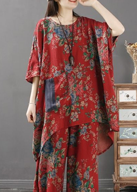 Red O-neck Print Low High Design Pockets Linen Tops Long Sleeve