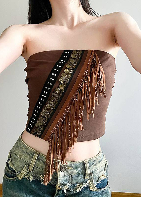 Brown Hollow Out Lace Up Cardigans and Tasseled Tank Two Pieces Set Spring