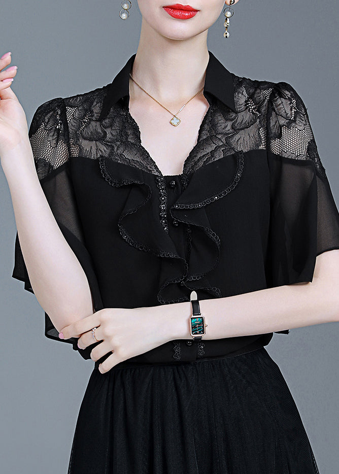 Black Ruffled Lace Patchwork Chiffon Shirt Summer