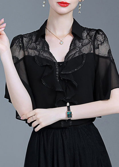 Black Ruffled Lace Patchwork Chiffon Shirt Summer