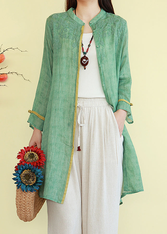 Green Button Thin Patchwork Linen Blouses
