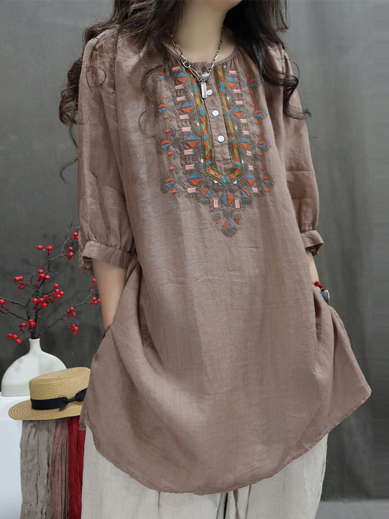 Summer Retro Embroidery O-neck Ramie Shirt
