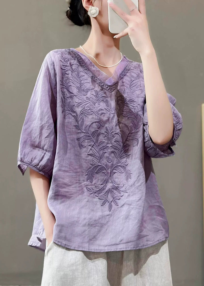 Nwe Purple V Neck Embroidered Linen Top Summer