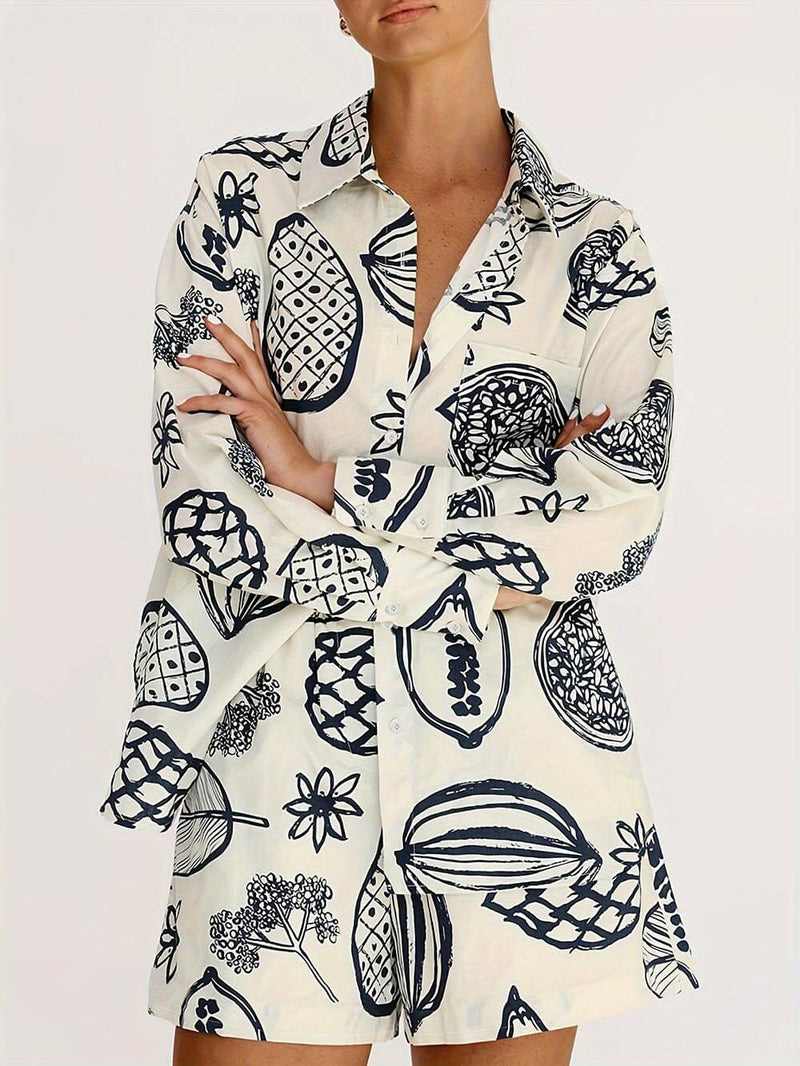 Fruit Print Summer Loose Shirt Shorts Set