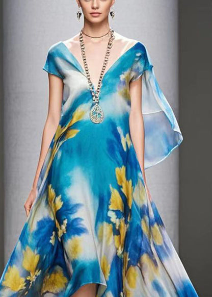 French Blue Print Exra Large Hem Chiffon Beach Dress Summer