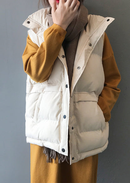 Loose Beige Button Pockets Fine Cotton Filled Vest Sleeveless