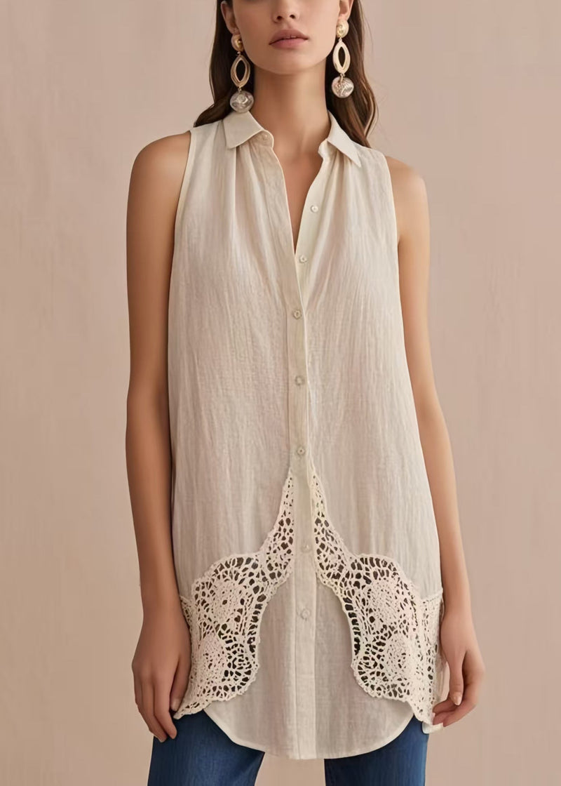 White Peter Pan Collar Patchwork Linen Shirts Sleeveless
