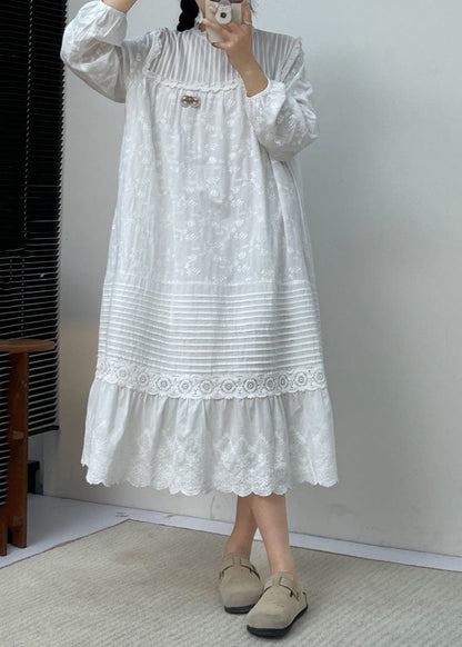 White Embroidered Ruffled Patchwork Wrinkled Cotton Maxi Dress Long Slee