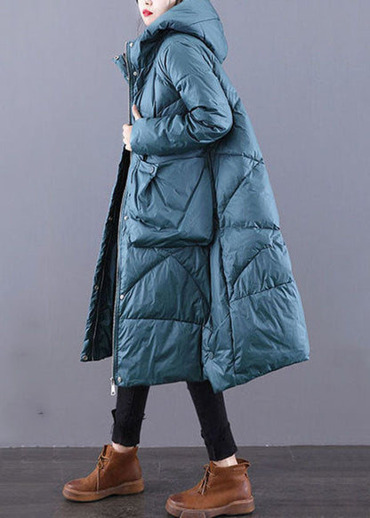Blue-green Hooded Zippered Oversized Thick Duck Down Puffers Jackets Winter