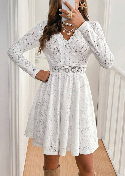 White V Neck Hollow Out Lace Dress Spring