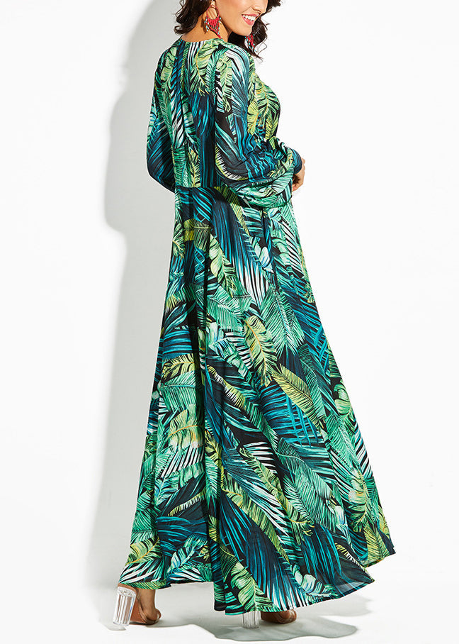Green V Neck Print Lace Up Cotton Maxi Dresses Spring