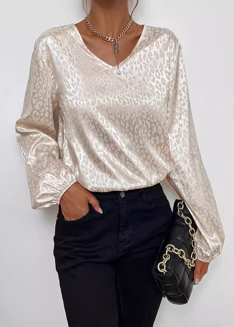 Pink V Neck Jacquard Silk Shirt Top Spring