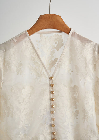 White Jacquard Nail Bead Lace Tops Fall