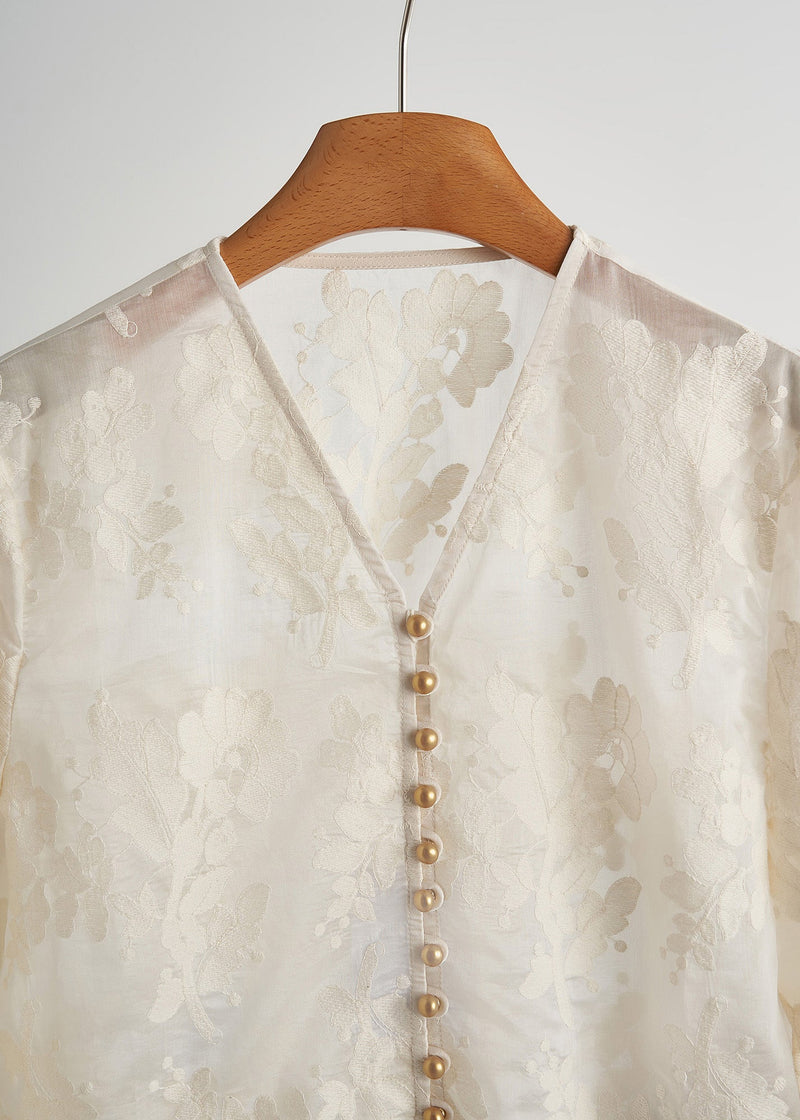 White Jacquard Nail Bead Lace Tops Fall